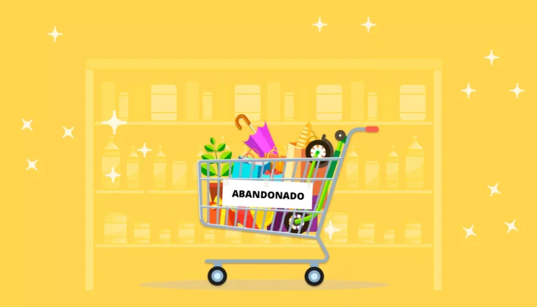 carrinho de compras cheio de produtos abandonados e estante de produtos ao fundo
