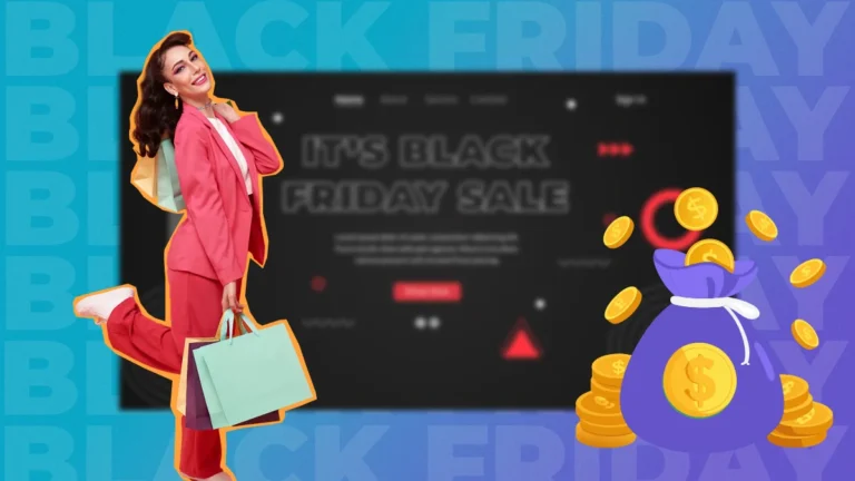 mulher com sacos de compras e site black friday de fundo