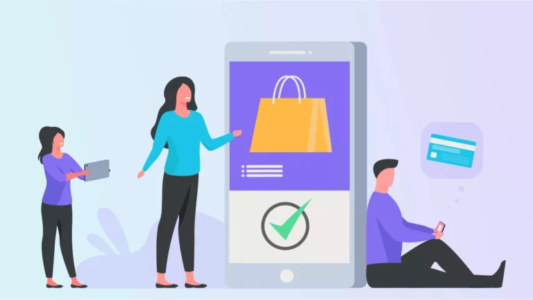Mulheres comprando online no celular e homem sentado usando cartão de crédito