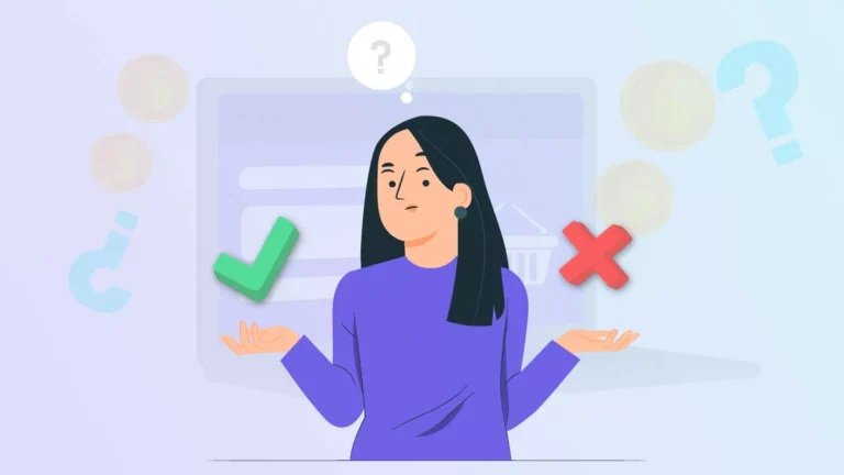 mulher em dúvida sobre confirmar ou não compra virtual ao fundo