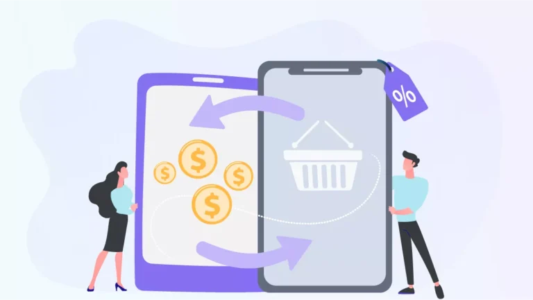 duas pessoas com seus celulares com setas convertendo produto em dinheiro