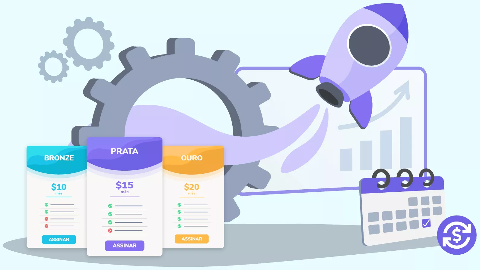 planos de assinatura com engrenagem, métricas e foguete subindo