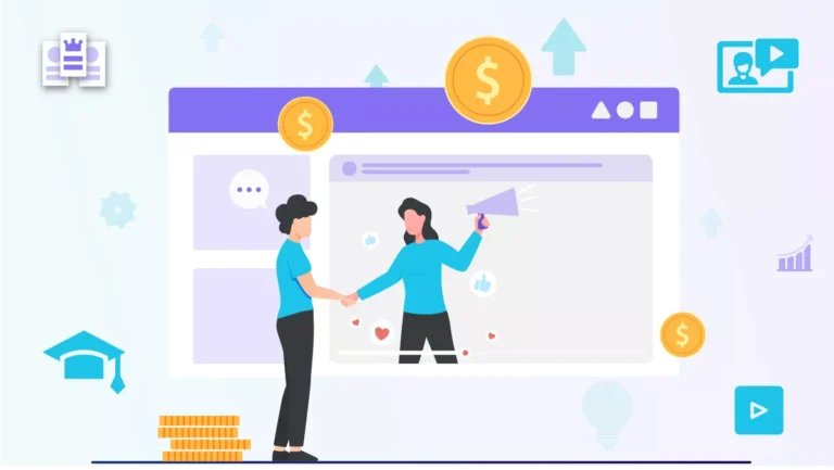 cliente apertando a mão de anunciante digital e símbolos de dinheiro