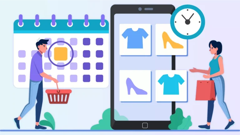 duas pessoas fazendo compras e calendário e celular com produtos e relógio ao fundo