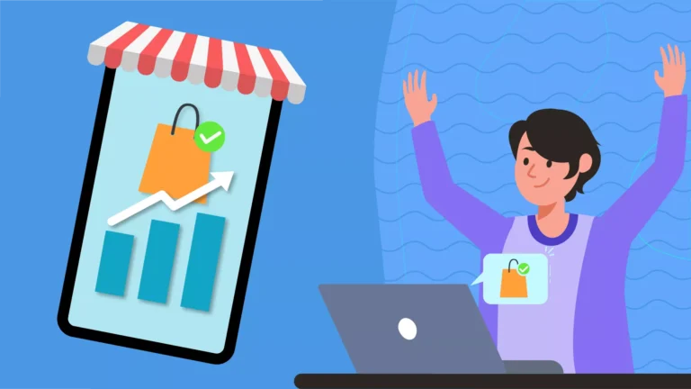 homem no computador feliz com os braços levantados acabando de ter sua compra aprovada e celular com produto de loja digital e métricas subindo