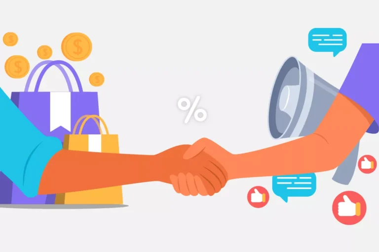 duas pessoas apertando as mãos e ao fundo bolsas de mercado megafone e ícones de dinheiro e rede social