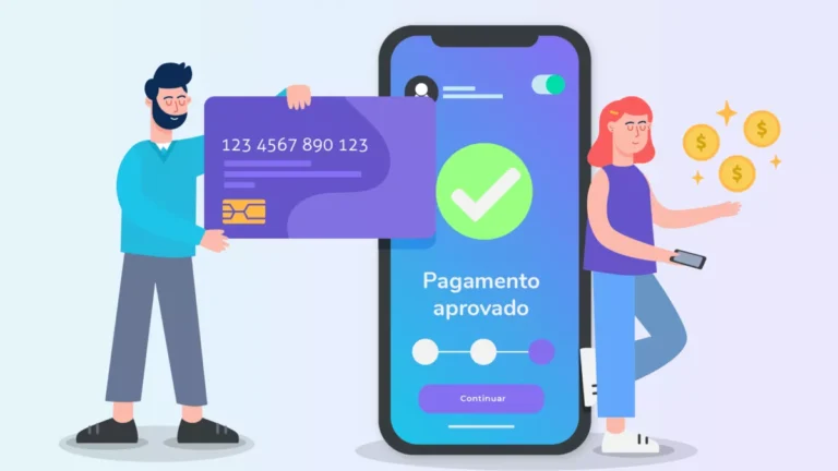 homem segurando cartão de crédito e mulher apoiada no celular com pagamento aprovado em compra