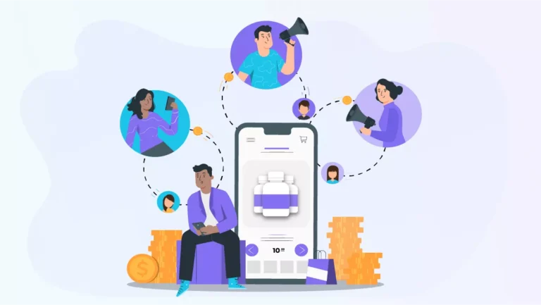 conexão entre pessoas , clientes e vendedores e celular com o produto digital ao centro