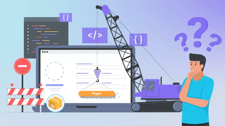 homem com dúvidas olhando a máquina de construção encaixando o botão na página virtual e símbolos de codigo web ao fundo