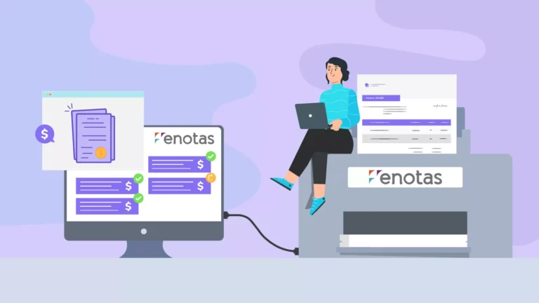mulher sentada em impressora enotas conectada ao computador