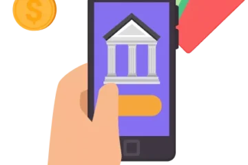 celular com ícone de banco e dinheiro em volta