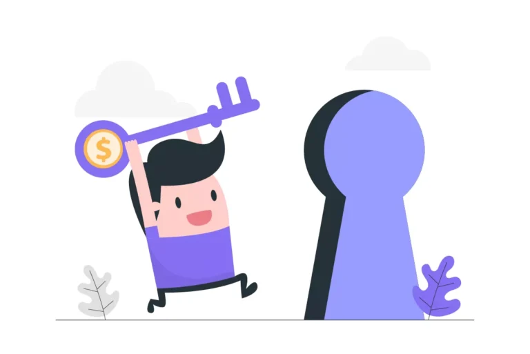 pessoa com a chave para o sucesso financeiro e fechadura grande