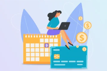 mulher sentada em cima de calendário com cartão multibanco e moedas