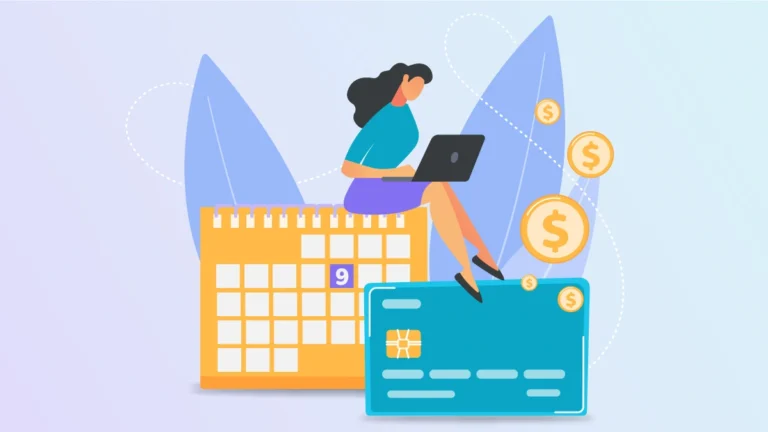 mulher sentada em cima de calendário com cartão multibanco e moedas