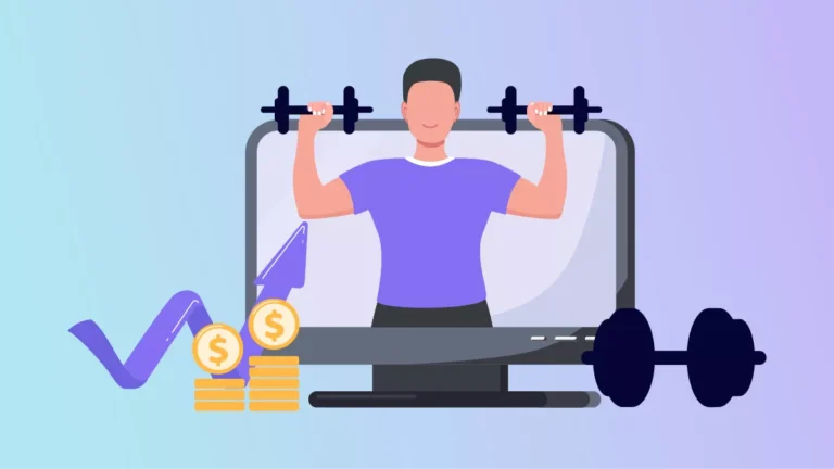 homem com pesos nas maos num ecra de computador