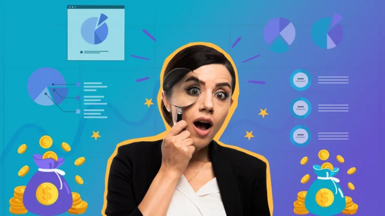 mulher asegurar lupa com graficos de fundo