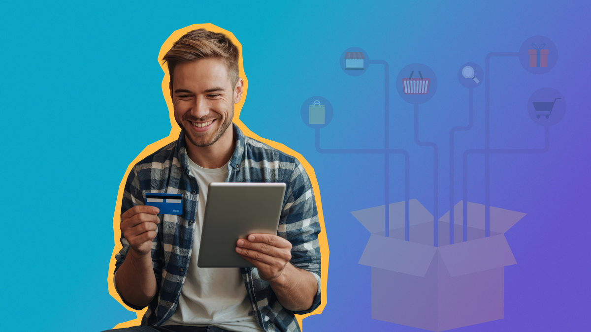 homem com tablet e cartao de credito com fundo de caixa com etapas