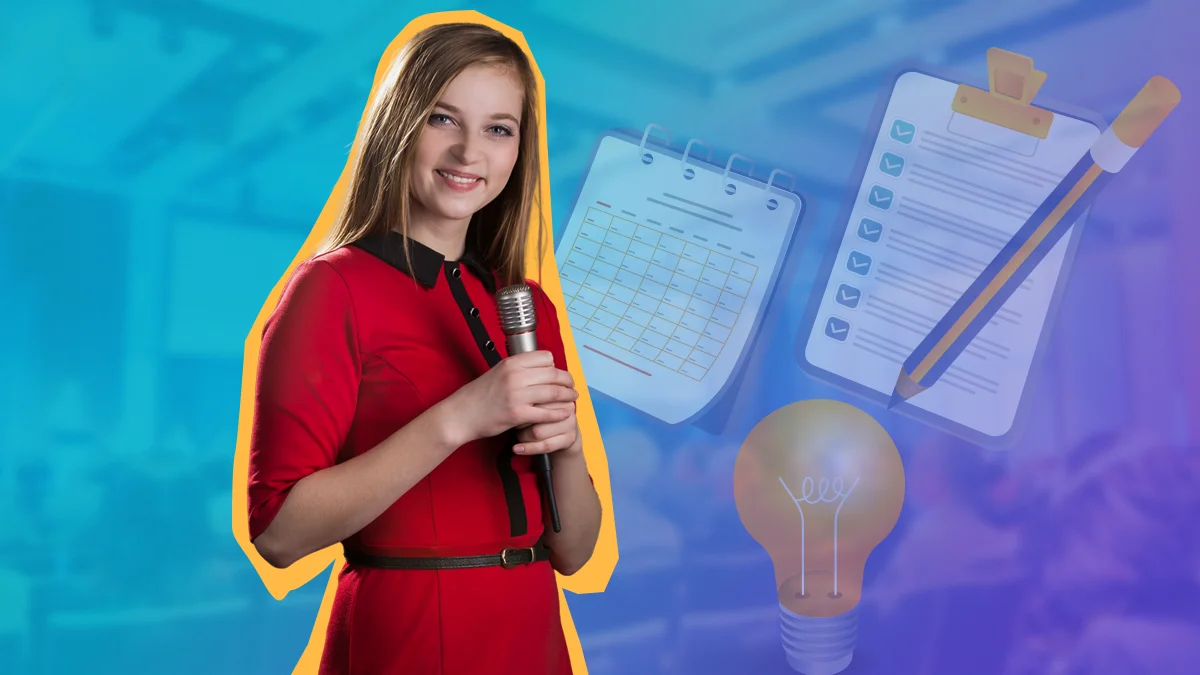 mulher com microfone na mao, elementos de organizacao de fundo