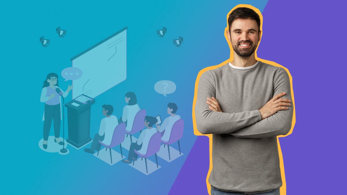 homem e bracos cruzados com fundo de seminario