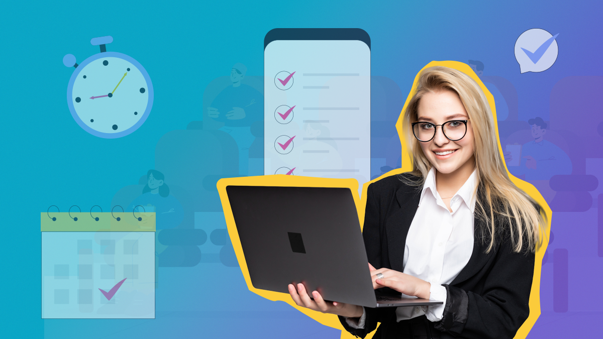 mulher com computador na mao e objetos de fundo de eventos