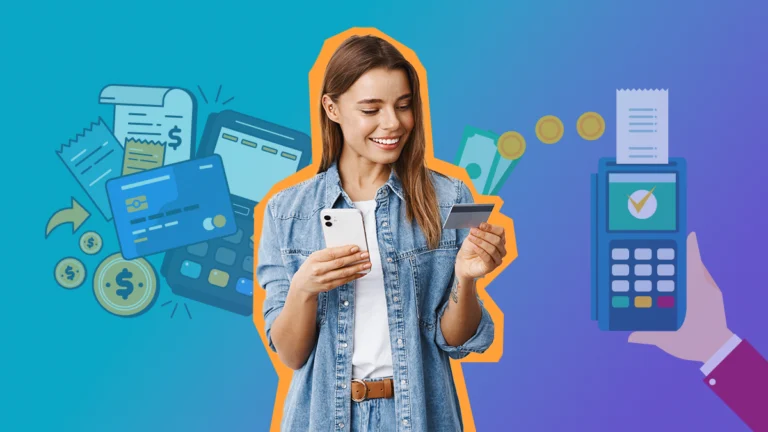 mulher com telemovel e cartao credito nas maos e formas de pagamento de fundo