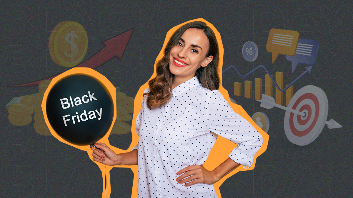 mulher com balao black friday