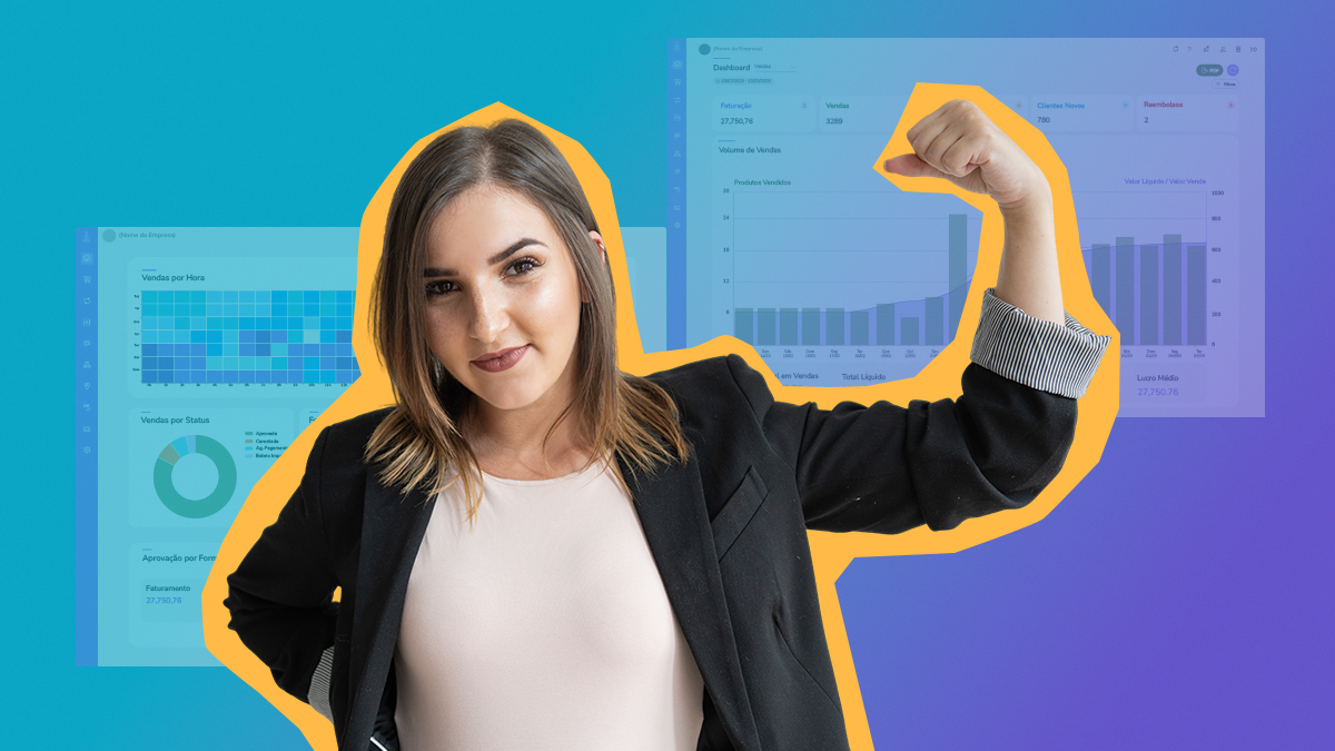 Mulher com braco no ar e dashboards guru de fundo