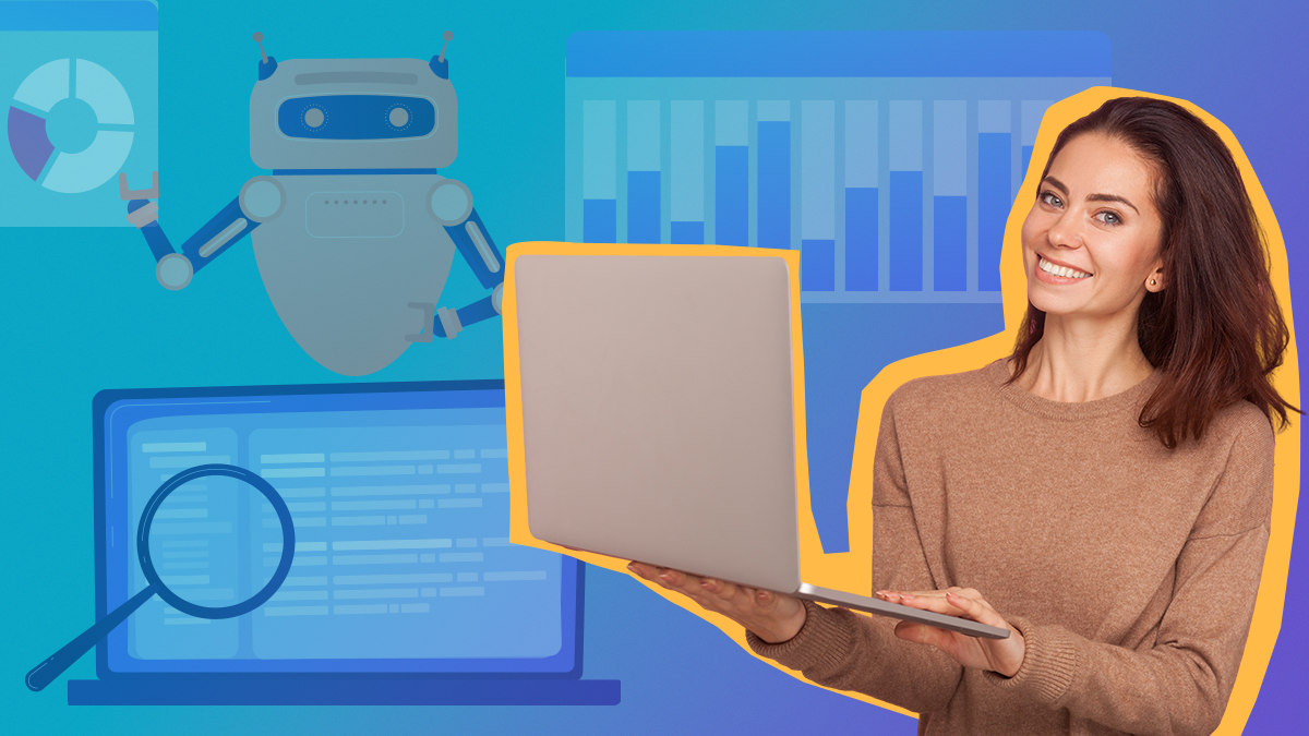 mulher com computador e dados de fundo