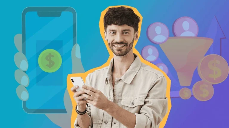 homem com telemovel e fundo de funil conversao e smaprtphone