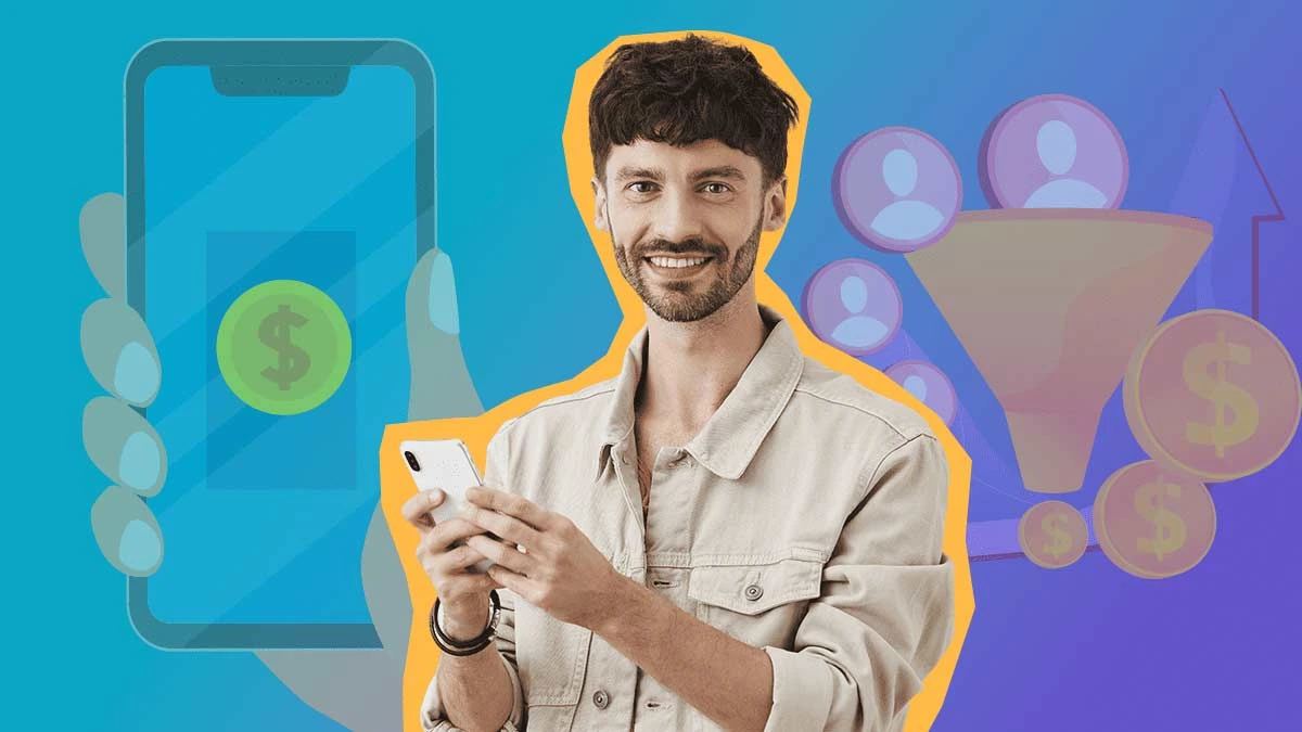 homem com telemovel e fundo de funil conversao e smaprtphone