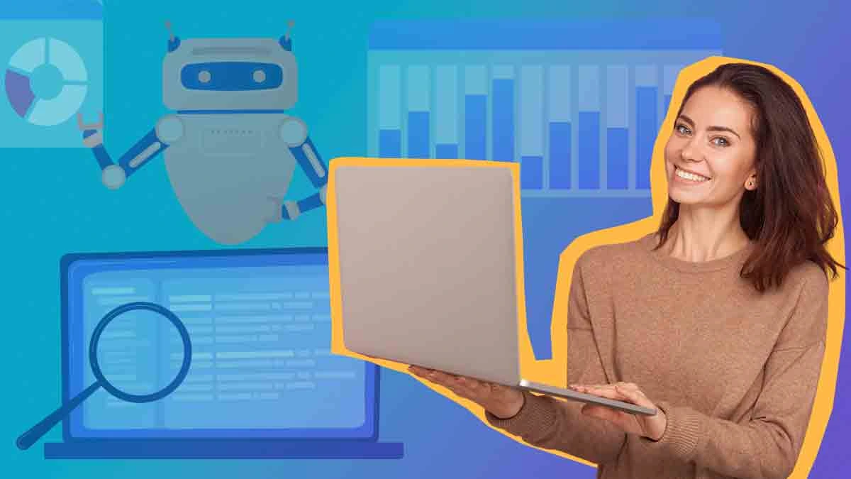 mulher com computador e dados de fundo