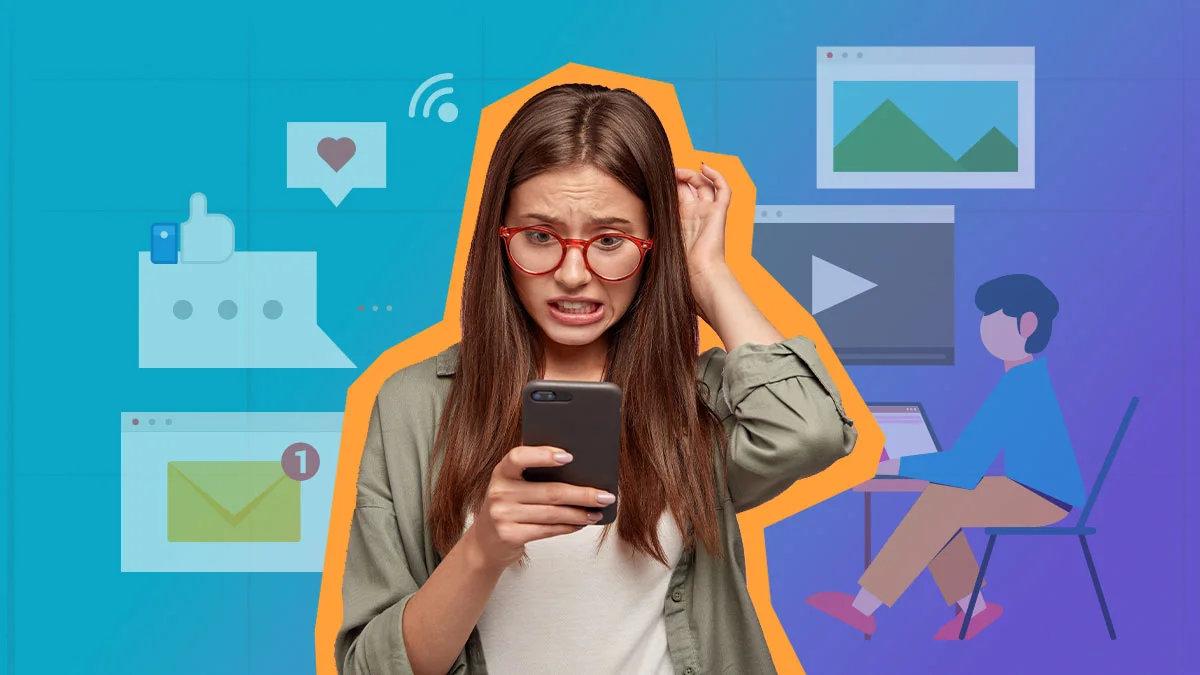 Mulher sorrindo com celular e ícones digitais; representa as oportunidades no mercado de infoprodutos durante a crise.