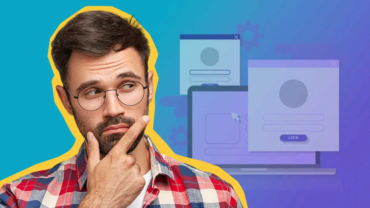 homem interrogando-se com fundo de logins