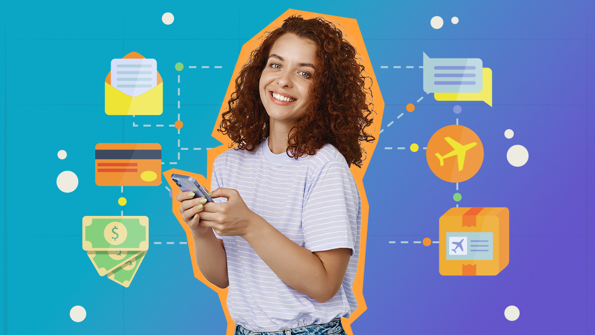 mulher sorridente usando celular, com ícones digitais de compras, pagamentos e entregas ao fundo, representando o conceito de social commerce.