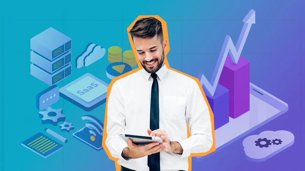 homem segurando tablet feliz, com gráficos subindo ao fundo