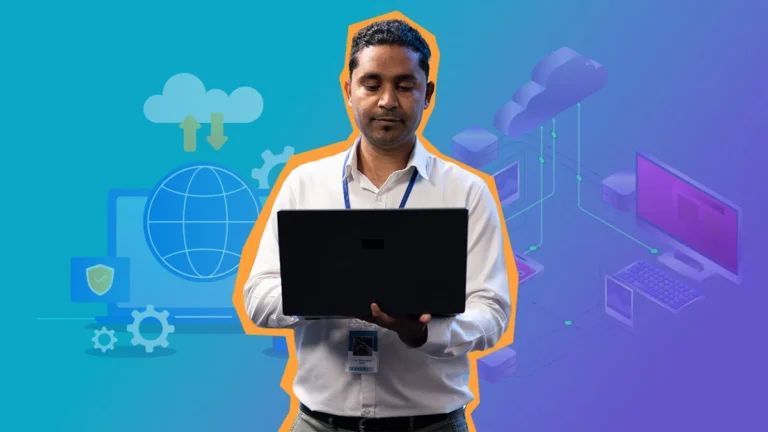 Profissional de tecnologia utilizando notebook, com ilustrações de computação em nuvem, internet e sistemas digitais ao fundo, representando o conceito de SaaS.