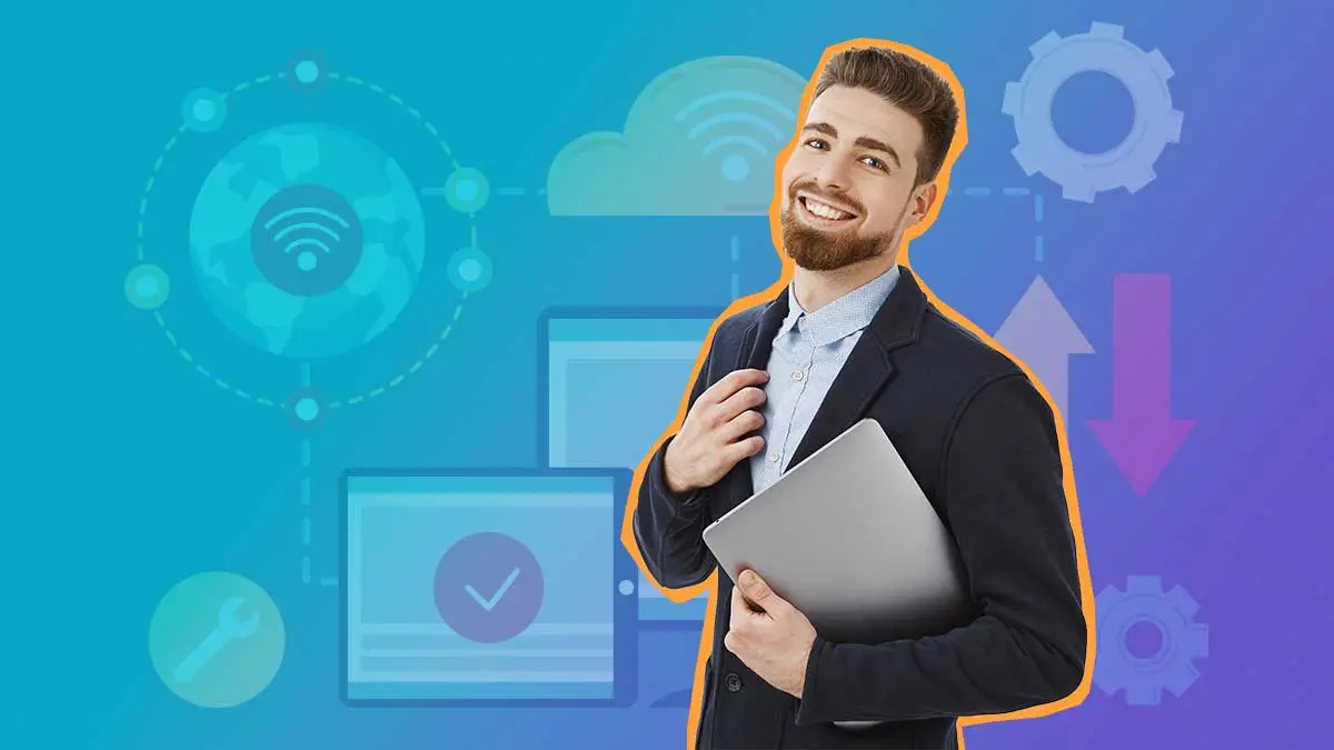 home com computador na mao e fundo de saas