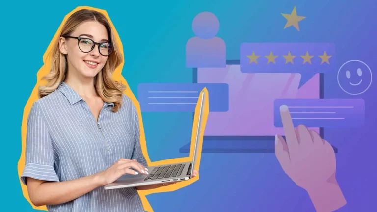 Mulher segurando computador e computador com estrelas de satisfacao de fundo