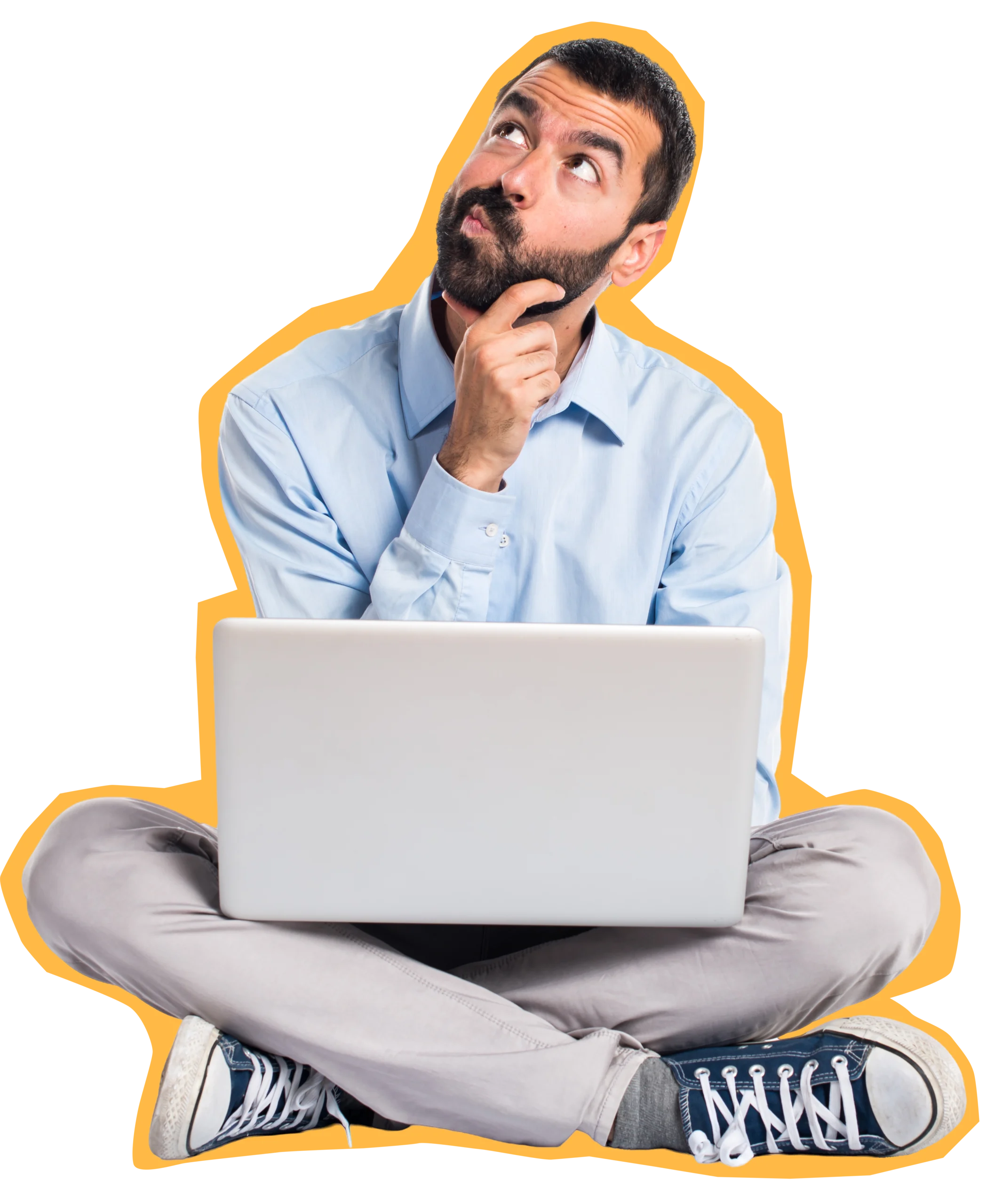 homem com computador e com cara de duvida