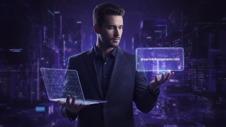 homem com computador holografico e mao com link e pagamento