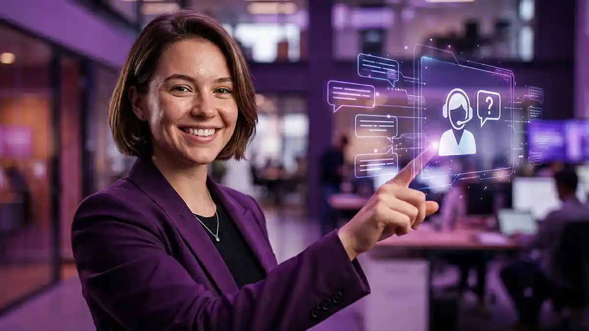 Mulher a apontar para icone de atendimento