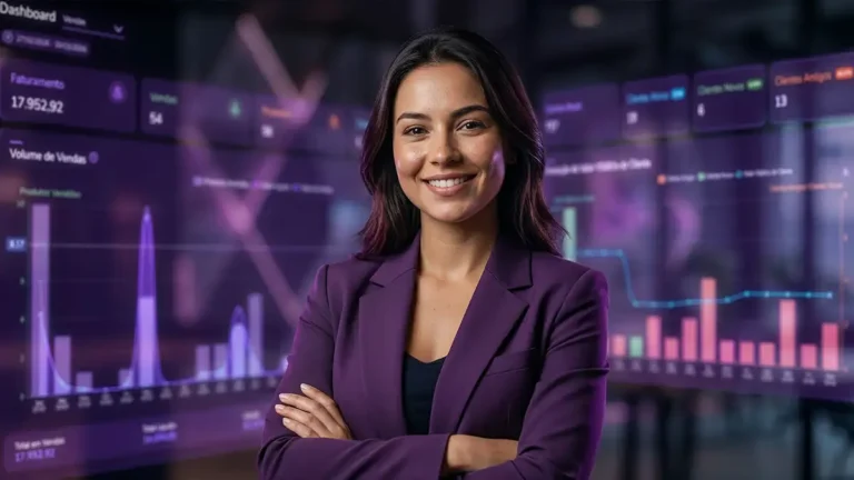 Mulher de braçis cruzados com fundo de dashboards Guru