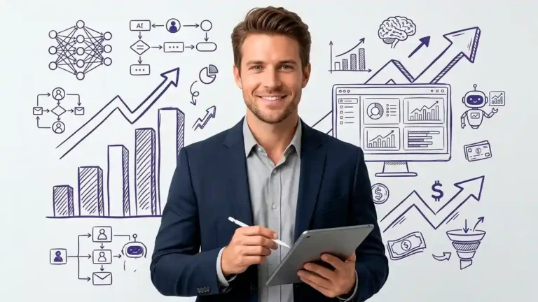 homem com tablet e caneta na mao com elementos de marketing de fundo