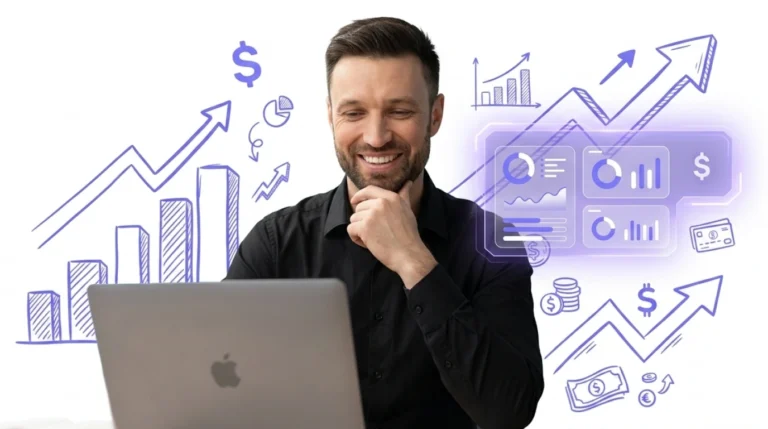 Empreendedor sorrindo ao olhar graficos de crescimento financeiro no notebook, representando a transição do caos operacional para a previsibilidade de receita e o sucesso financeiro.