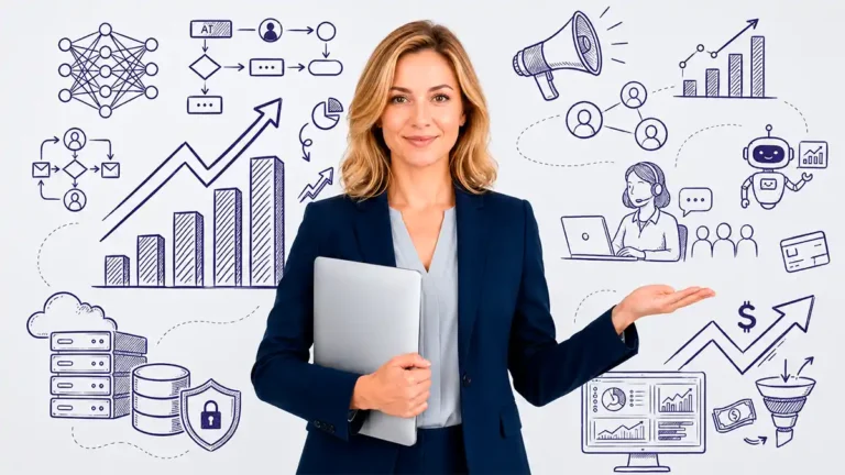 mulher segurando computador com vários elementos de fundo, gráficos, apoio cliente, ferramentas, automação