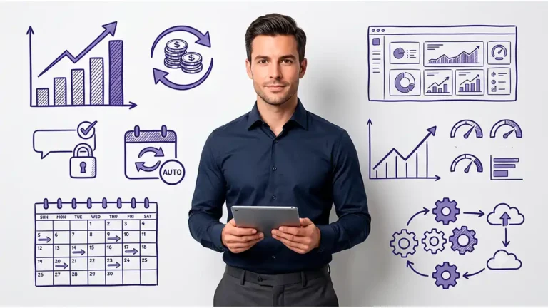 homem segurando tablet com elementos de recorrência de fundo