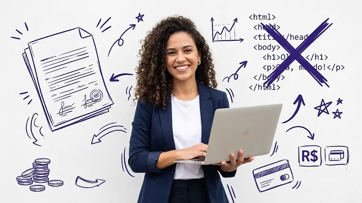Mulher segurando computador com elementos de fundo, contrato, nota fiscal, html, grafico, dinheiro