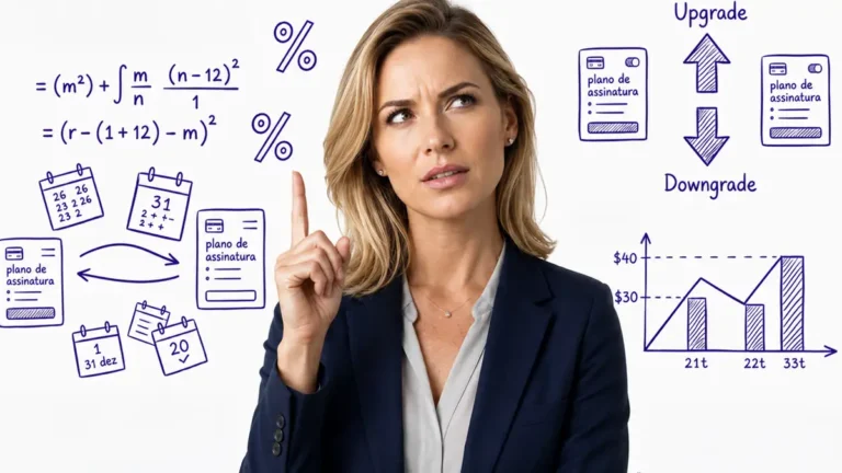mulher loira apontando para cima e com elementos de calculo, subscricoes calendarios de fundo
