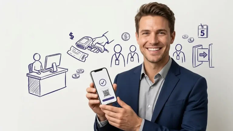 homem segurando telemovel com eticket aceite e elementos de fundo de eticket