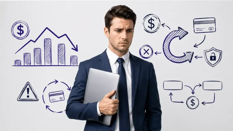 homem segurando computador com elementos de chargeback de fundo